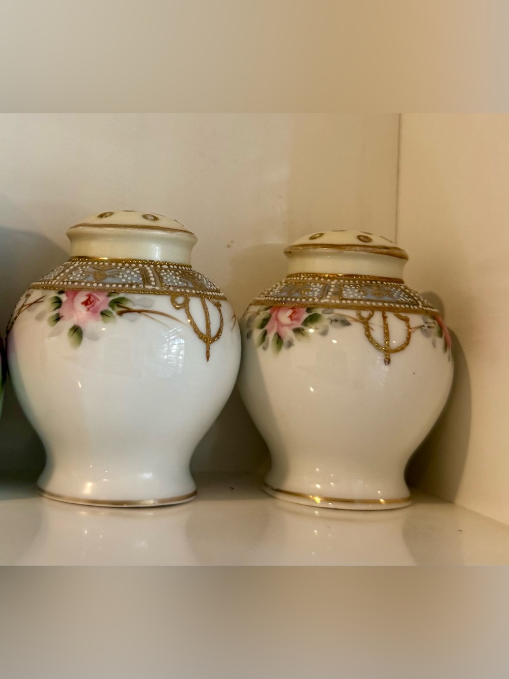 Nippon Floral Salt & Pepper Shaker Set - White Pink Rose and Gold Trim